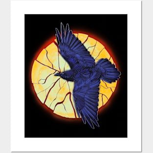 Crow flying over an exploding full moon Posters and Art